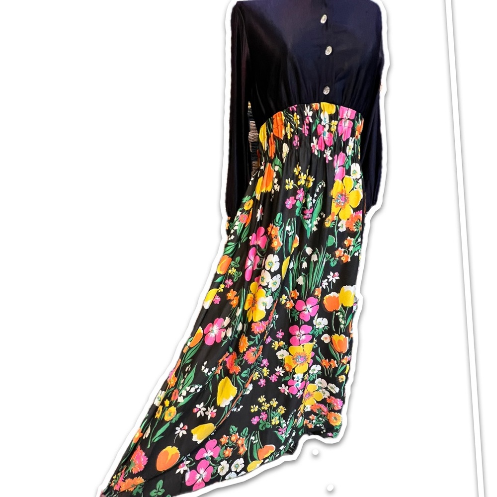 VINTAGE mid century‎ 60s dark flower long maxi dress hostess house gown 70s MOD - Picture 4 of 17